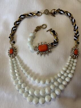 Plunder Designs Necklace & Bracelet Set White Glass Gold Tone